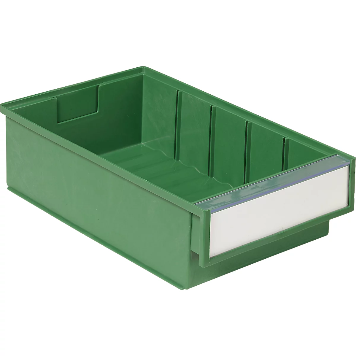 Grüne Lagerbox mit Etikettenhalter. Innen unterteilt durch Stege.