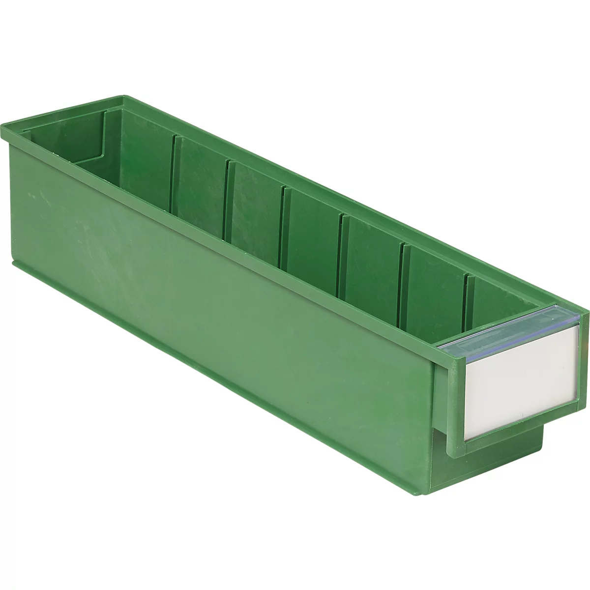Grüne Kunststoffbox mit weißen Beschriftungsfeld. Rechteckige Form mit Unterteilung in Fächer.