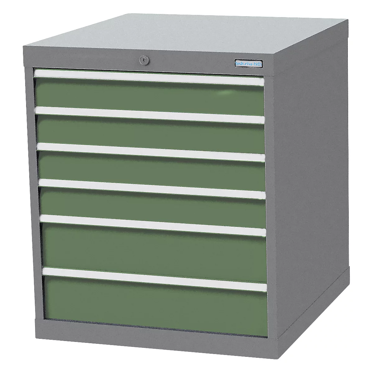 Schubladenschrank Bedrunka+Hirth, 2 x Schübe breit & 4 x Schübe schmal, abschliessbar, bis 1500 kg, B 705 x T 736 x H 819 mm, Stahlblech