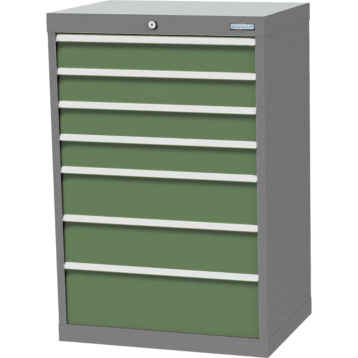 Schubladenschrank Bedrunka+Hirth, 7 Schübe, abschliessbar, bis 1200 kg, inkl. 48-teiligem Schubeinteilungsset, B 680 x T 500 x H 1019 mm, Stahlblech