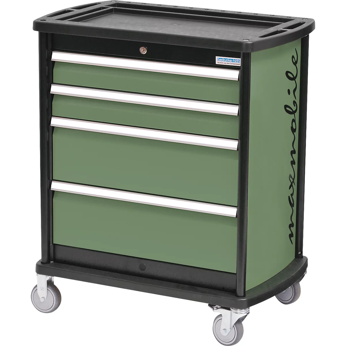 Schubladenschrank Bedrunka+Hirth maxmobile 1, mobil, 4 Schübe, 1 Seitenblende, abschließbar, bis 300 kg, resedagrün RAL 6011, Stahlblech