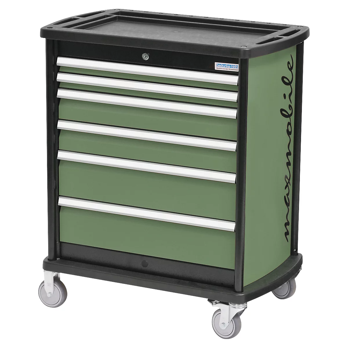 Schubladenschrank Bedrunka+Hirth maxmobile 1, mobil, 6 Schübe, 1 Seitenblende, abschließbar, bis 300 kg, resedagrün RAL 6011, Stahlblech
