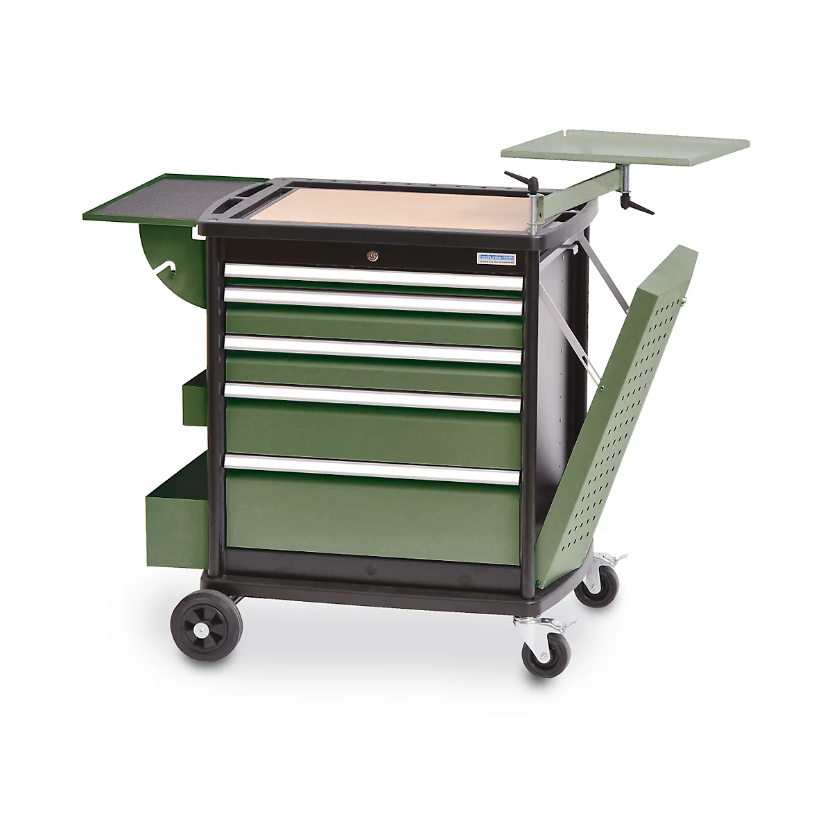 Schubladenschrank Bedrunka+Hirth maxmobile 2, mobil, 5 Schübe, Ablageflächen, abschliessbar, bis 300 kg, resedagrün RAL 6011, Stahlblech