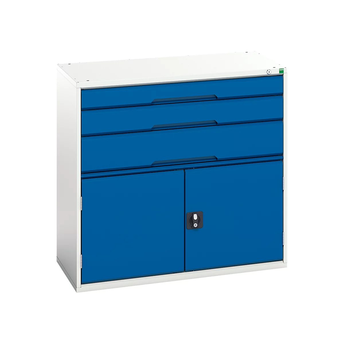 Schubladenschrank Bott verso, 3 Schübe, bis 75 kg je Schub, Flügeltür, Vollauszug, B 1050 x T 550 x H 1000 mm, Stahlblech, Grau-Blau