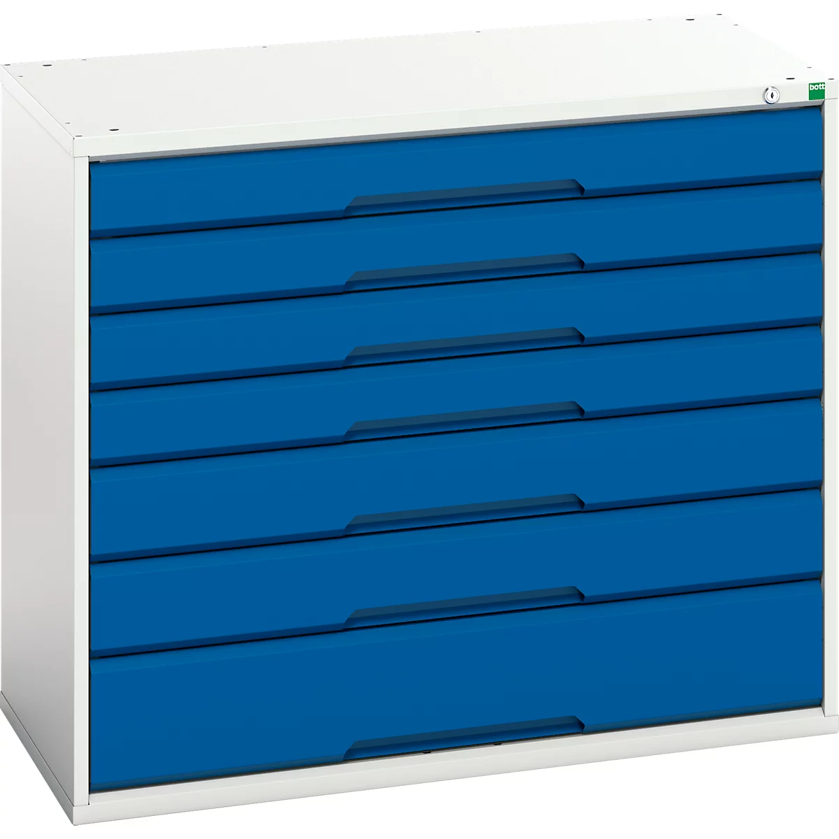 Ein weißer Aktenschrank mit sechs blauen Schubladen, waagerecht angeordnet.