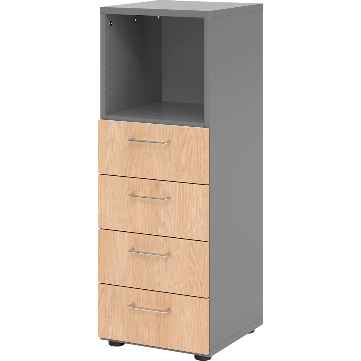Schubladenschrank Breno, 4 Schübe, 1 Fach, Metallgriffe, B 400 x T 420 x H 1100 mm, graphit/Eiche