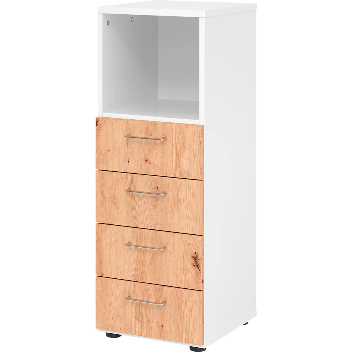 Schubladenschrank Breno, 4 Schübe, 1 Fach, Metallgriffe, B 400 x T 420 x H 1100 mm, weiß/Asteiche