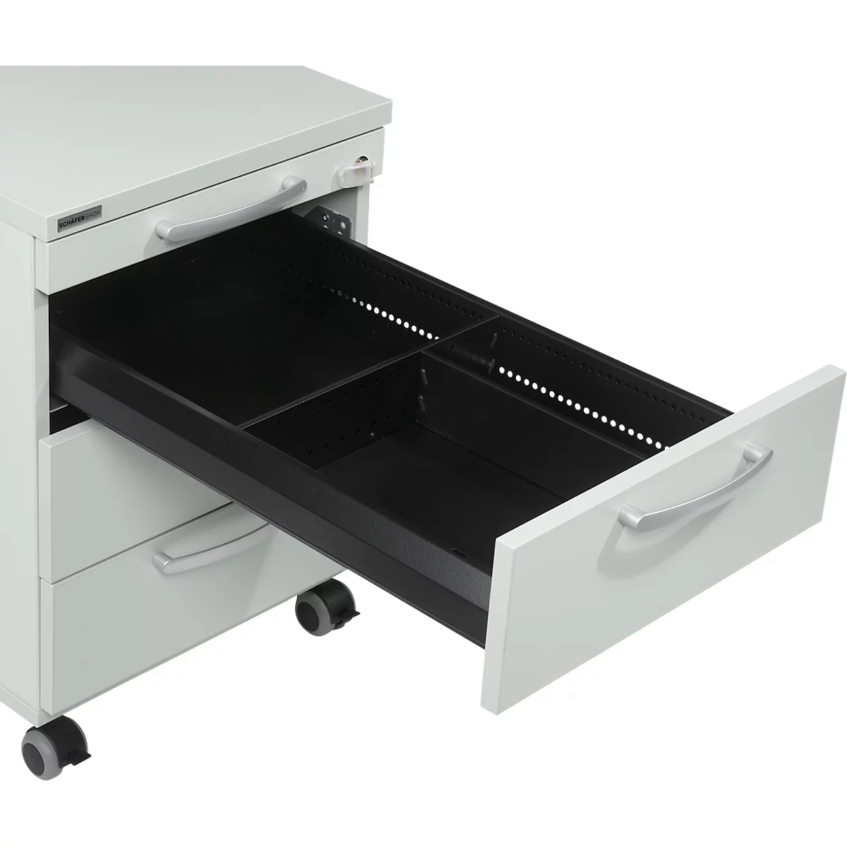 Schubladenunterteilung für Rollcontainer 1333, L 300 mm, A4, Längsteiler, nur in Verbindung mit 330 mm langer Unterteilung verwendbar, Metall, schwarz