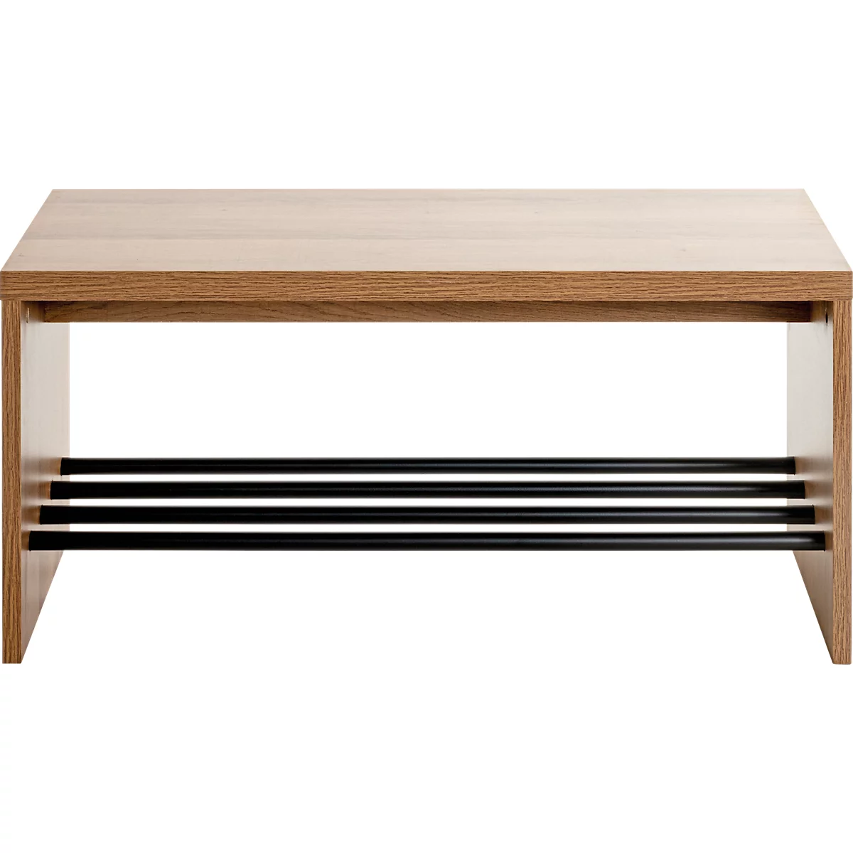 Hocker mit Holzoberfläche und schwarzen Querstreben darunter.