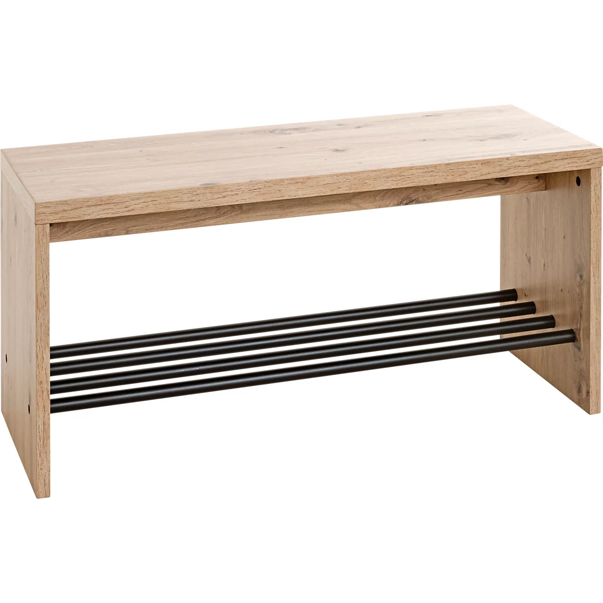 Holzbank in hellem Braun mit schwarzen Metallstreben unter der Sitzfläche.