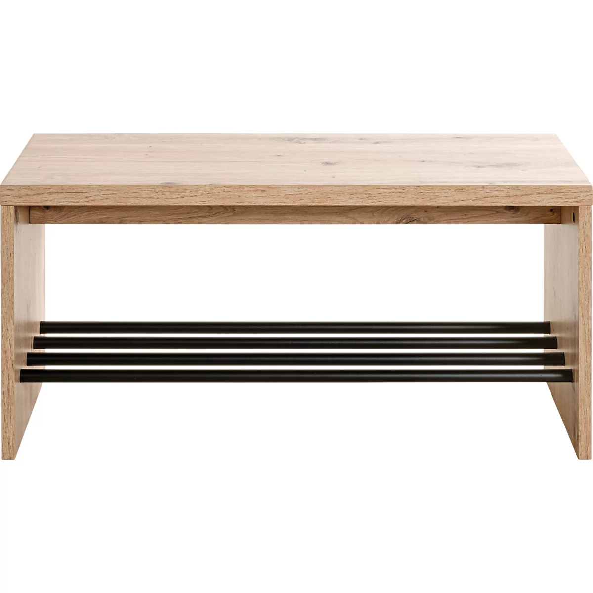Heller Holzschuhbank mit schwarzem Schuhablagegestell. Die Bank hat ein rechteckiges Design und steht vor einem neutralen Hintergrund.