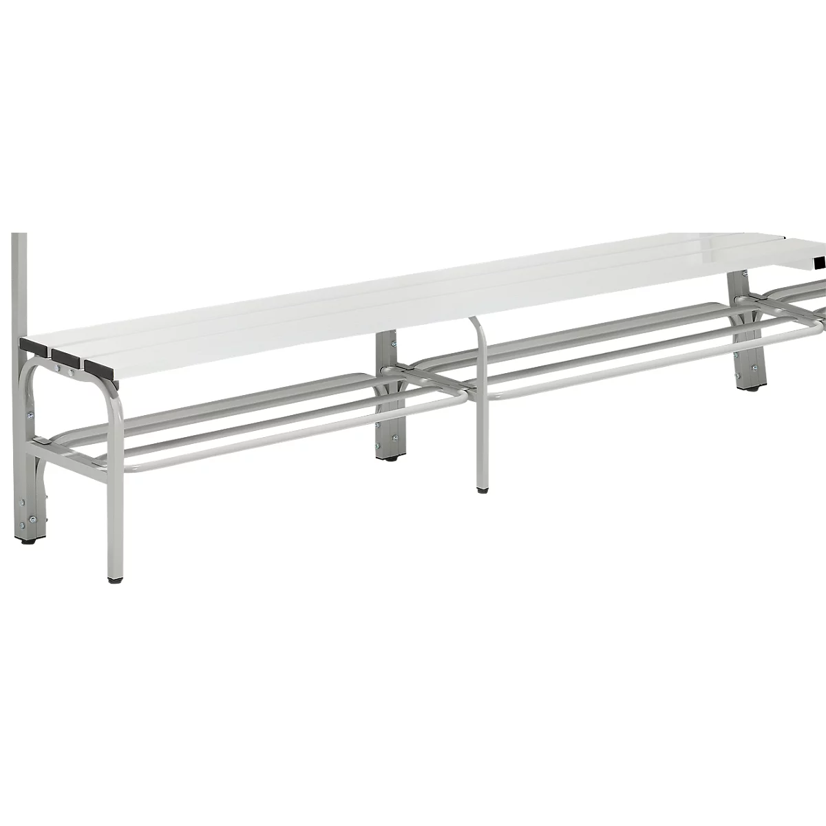 Weiße Sitzbank mit Ablage und Gestell. Minimalistisches Design für Umkleiden.