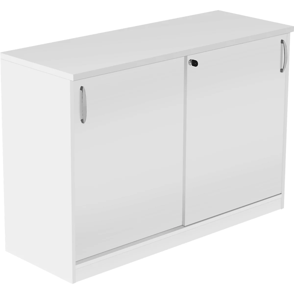 Witte kantoorkast met twee schuifdeuren en zilveren handgrepen.