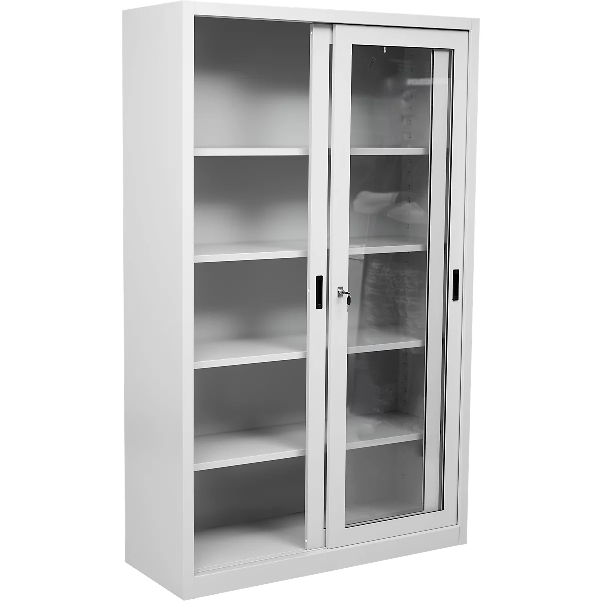 Schuifdeurkast, 5 ordnerhoogtes, 4 in hoogte verstelbare legborden, glazen deuren, afsluitbaar, B 1200 x D 450 mm x H 1950 mm, staal, lichtgrijs RAL 7035
