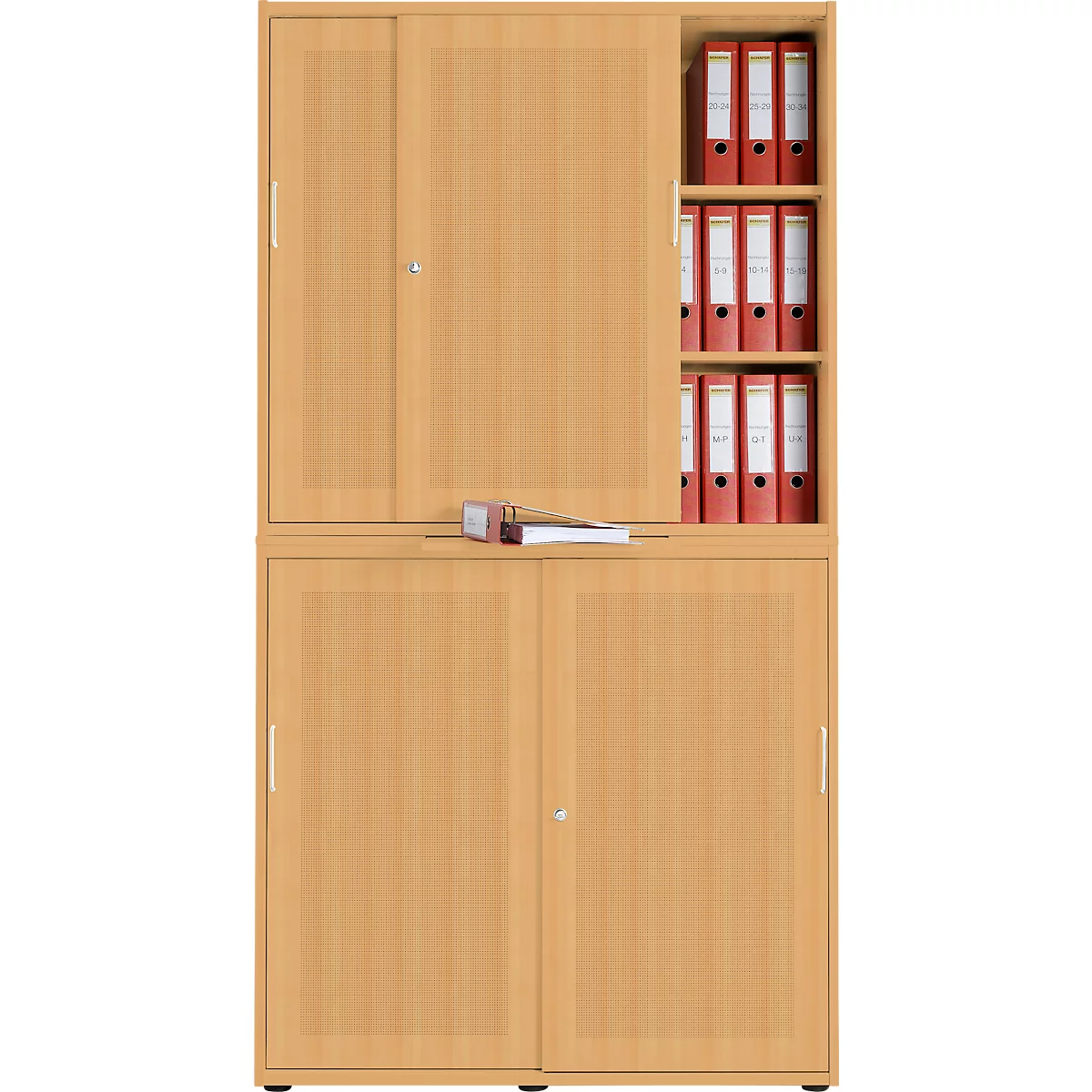 Lichte houten kast met schuifdeuren en rode ordners.