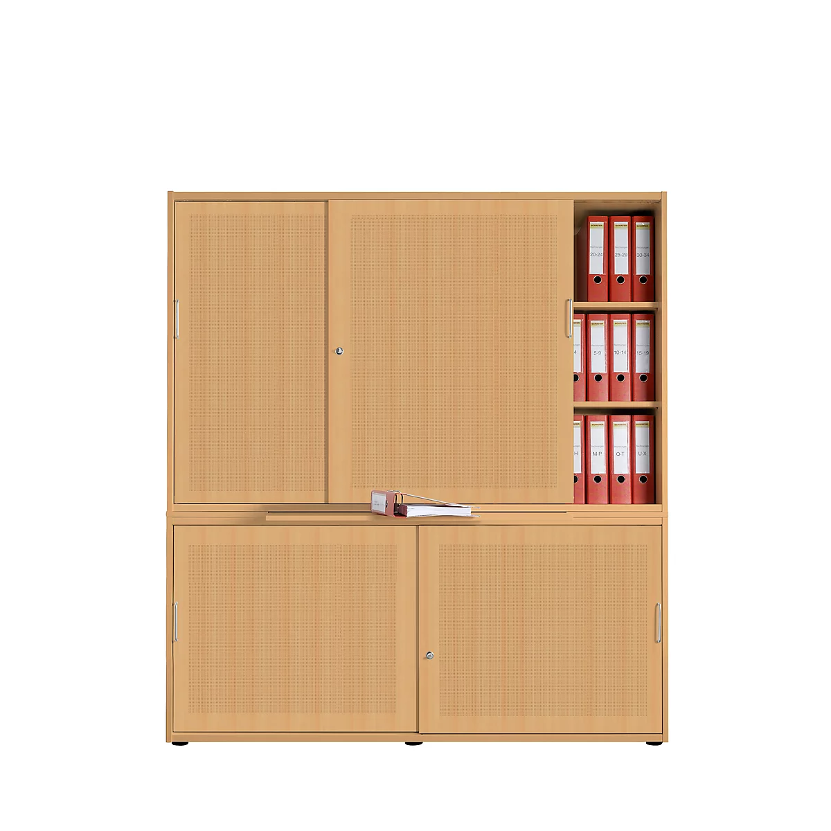 Schuifdeurkast, akoestische wand, B 1350 mm, 5 ordnerhoogten, beukenpatroon