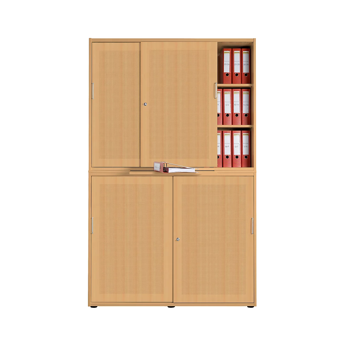 Schuifdeurkast, akoestische wand, B 1350 mm, 6 ordnerhoogten, beukenpatroon