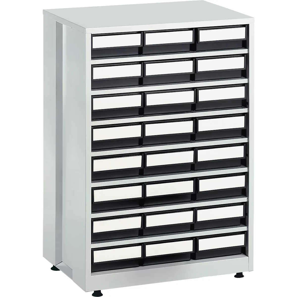 Grijze kast met veel lades, elk met een wit label.