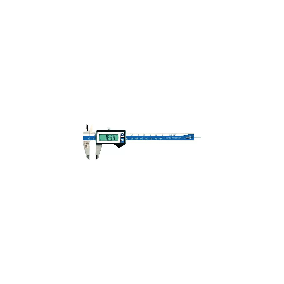 Digitale schuifmaat met een aflezing van 16,34 mm. Met blauwe streep, mm-schaal en logo.