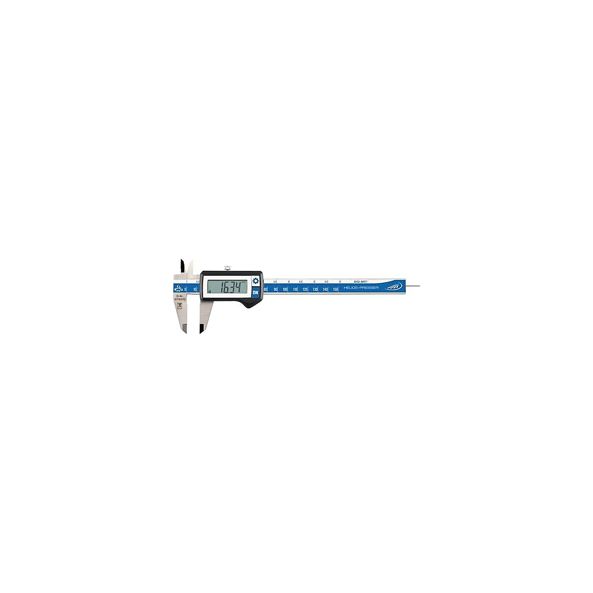Digitale schuifmaat die 16,34 mm aangeeft. Het is grijs en blauw, met de tekst "DIGI-MET HELIOS-PREISSER".