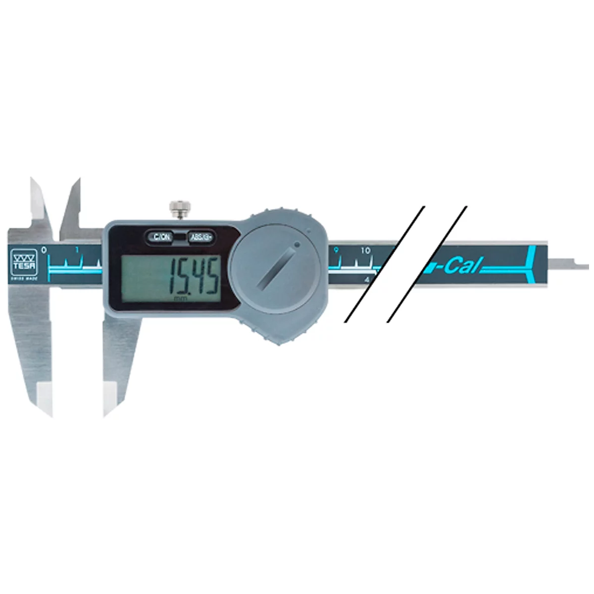 Digitale schuifmaat geeft 15,45 mm weer. Grijsblauw ontwerp met digitale display.