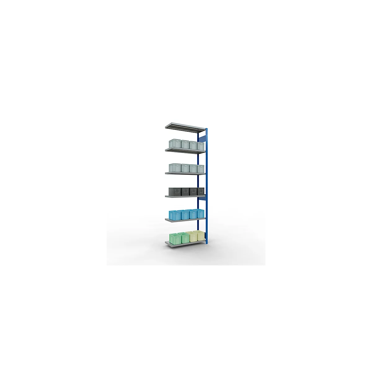 Schulte Lagertechnik boltless shelving system MULTIplus 250, boltless add-on shelving, length bolt, 3000x1000x400 mm, 7 shelves, gentian blue/galvanized
