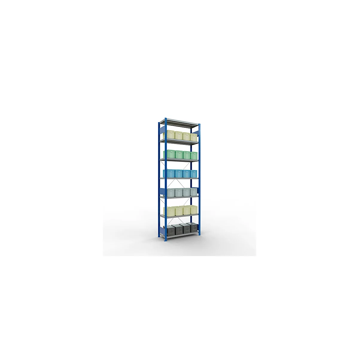 Schulte Lagertechnik boutloos rekkensysteem MultiPlus250, basisrek, 7 legborden, dwarsverbindingen, B 1000 x D 400 x H 3000 mm, gentiaanblauw RAL 5010