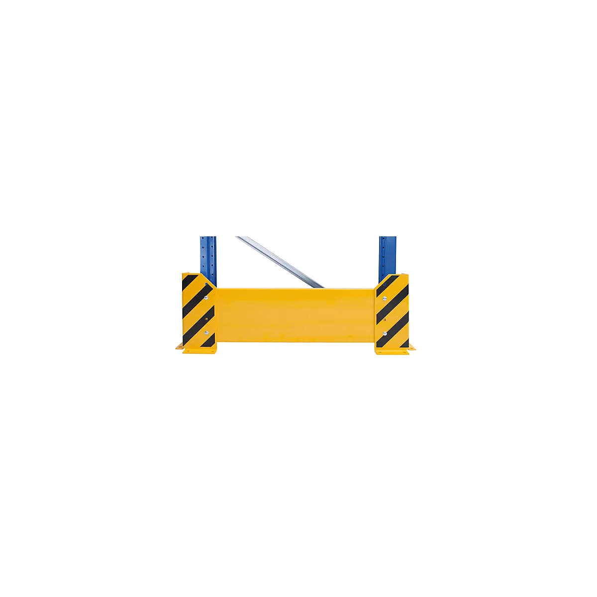 Yellow safety device with black diagonal stripes, mounted on blue metal supports.