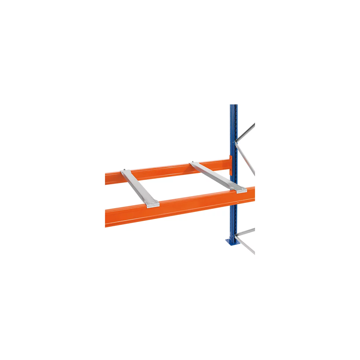 Close-up of orange shelf beams with silver connectors and blue shelf supports in the background.