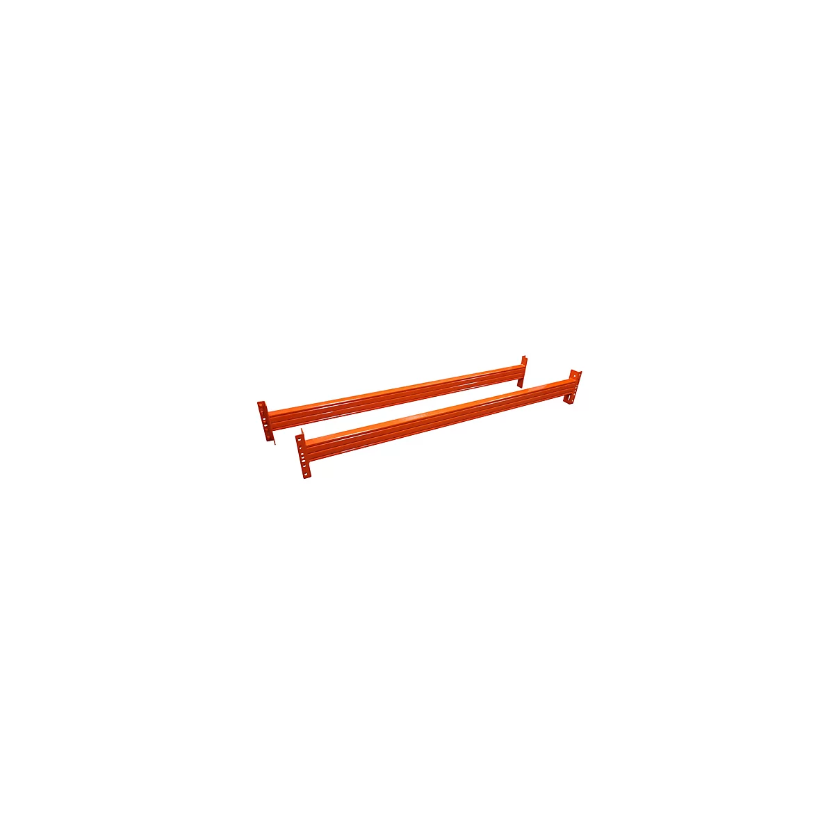 Two orange shelf beams, angled to each other, on a white background.