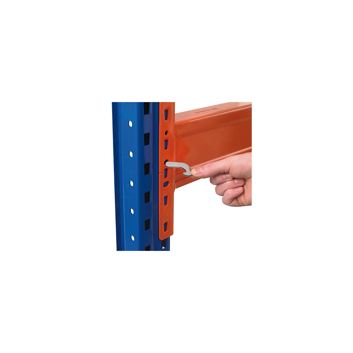 A hand inserts a tool into a hole on an orange shelf post to secure a shelf beam.