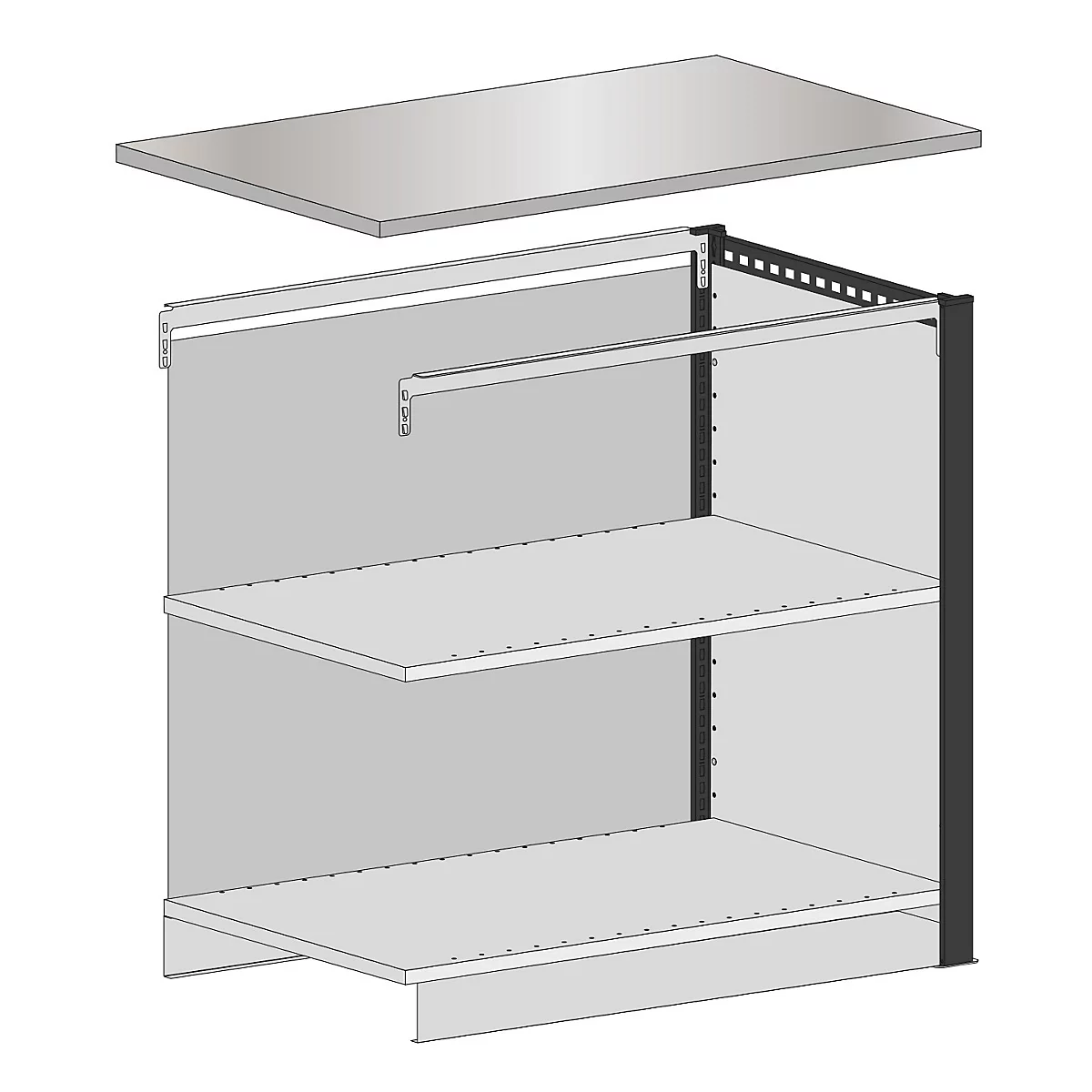 Technische tekening van een plank met drie planken, steunstangen en een bovenplaat.