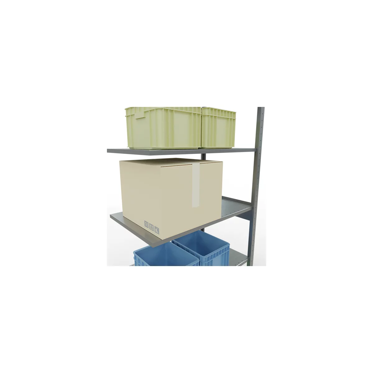 Una estantería con varios contenedores y cajas. Hay cajas verdes en la parte superior, una caja de cartón grande debajo y cajas azules.