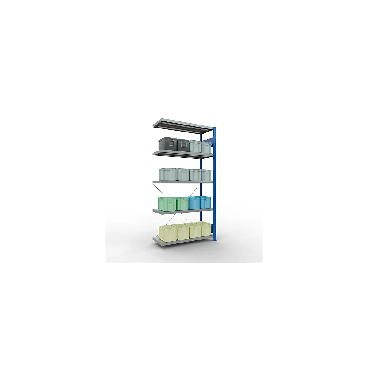 Schulte Lagertechnik Fachbodenregal Stecksystem MultiPlus250, Anbauregal, 5 Fachböden, Kreuzstrebe, B 1000 x T 400 x H 2000 mm, Enzianblau RAL 5010