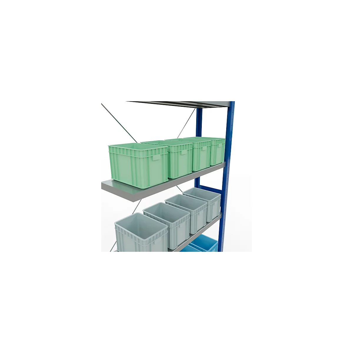 Schulte Lagertechnik Fachbodenregal Stecksystem MultiPlus250, Anbauregal, 7 Fachböden, Kreuzstrebe, B 1000 x T 300 x H 3000 mm, Enzianblau RAL 5010