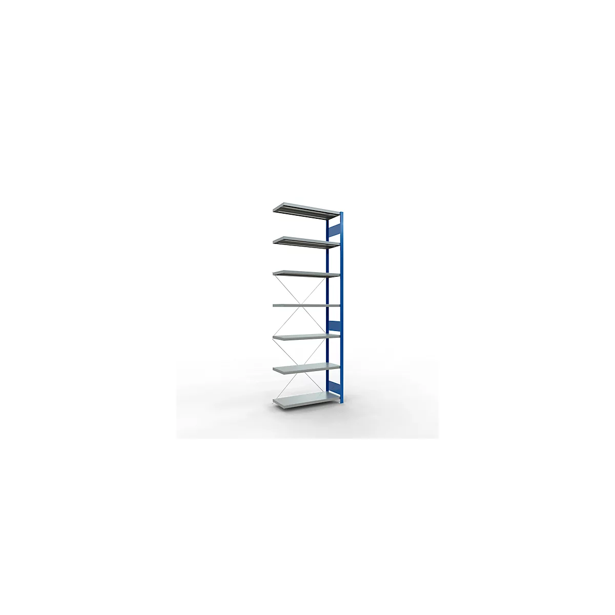 Schulte Lagertechnik Fachbodenregal Stecksystem MultiPlus250, Anbauregal, 7 Fachböden, Kreuzstrebe, B 1000 x T 400 x H 3000 mm, Enzianblau RAL 5010