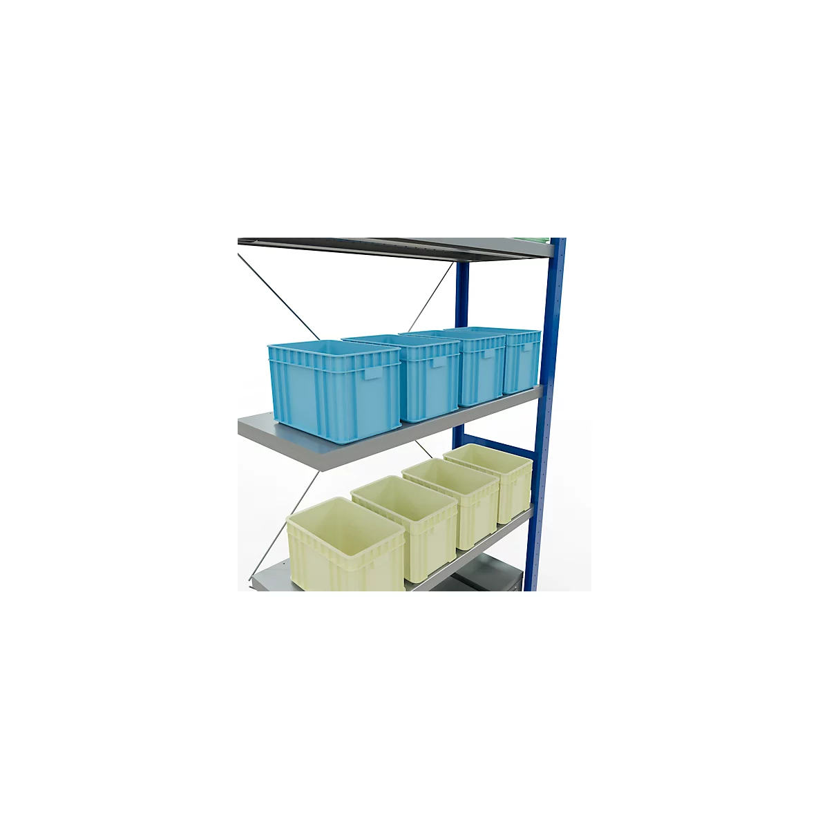 Schulte Lagertechnik Fachbodenregal Stecksystem MultiPlus250, Anbauregal, 7 Fachböden, Kreuzstrebe, B 1000 x T 400 x H 3000 mm, Enzianblau RAL 5010