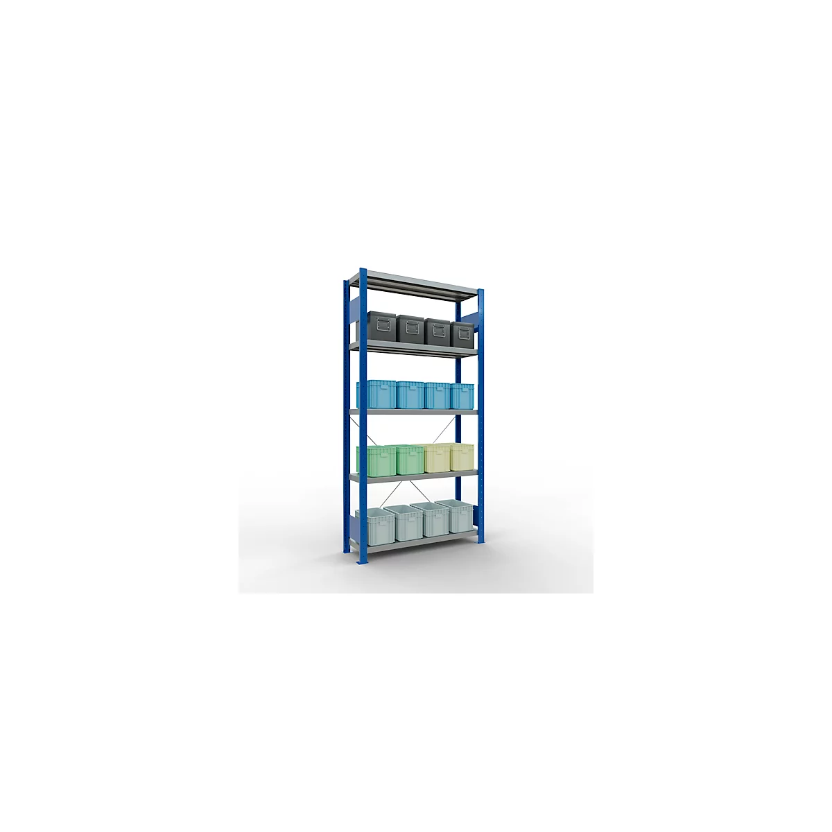 Schulte Lagertechnik Fachbodenregal Stecksystem MultiPlus250, Grundregal, 5 Fachböden, Kreuzstrebe, B 1000 x T 300 x H 2000 mm, Enzianblau RAL 5010