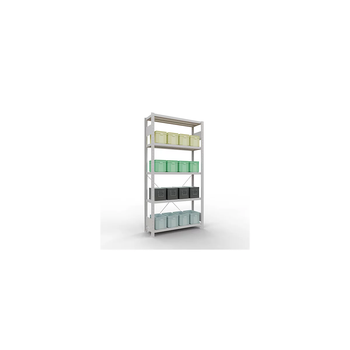 Schulte Lagertechnik Fachbodenregal Stecksystem MultiPlus250, Grundregal, 5 Fachböden, Kreuzstrebe, B 1000 x T 300 x H 2000 mm, Lichtgrau RAL 7035