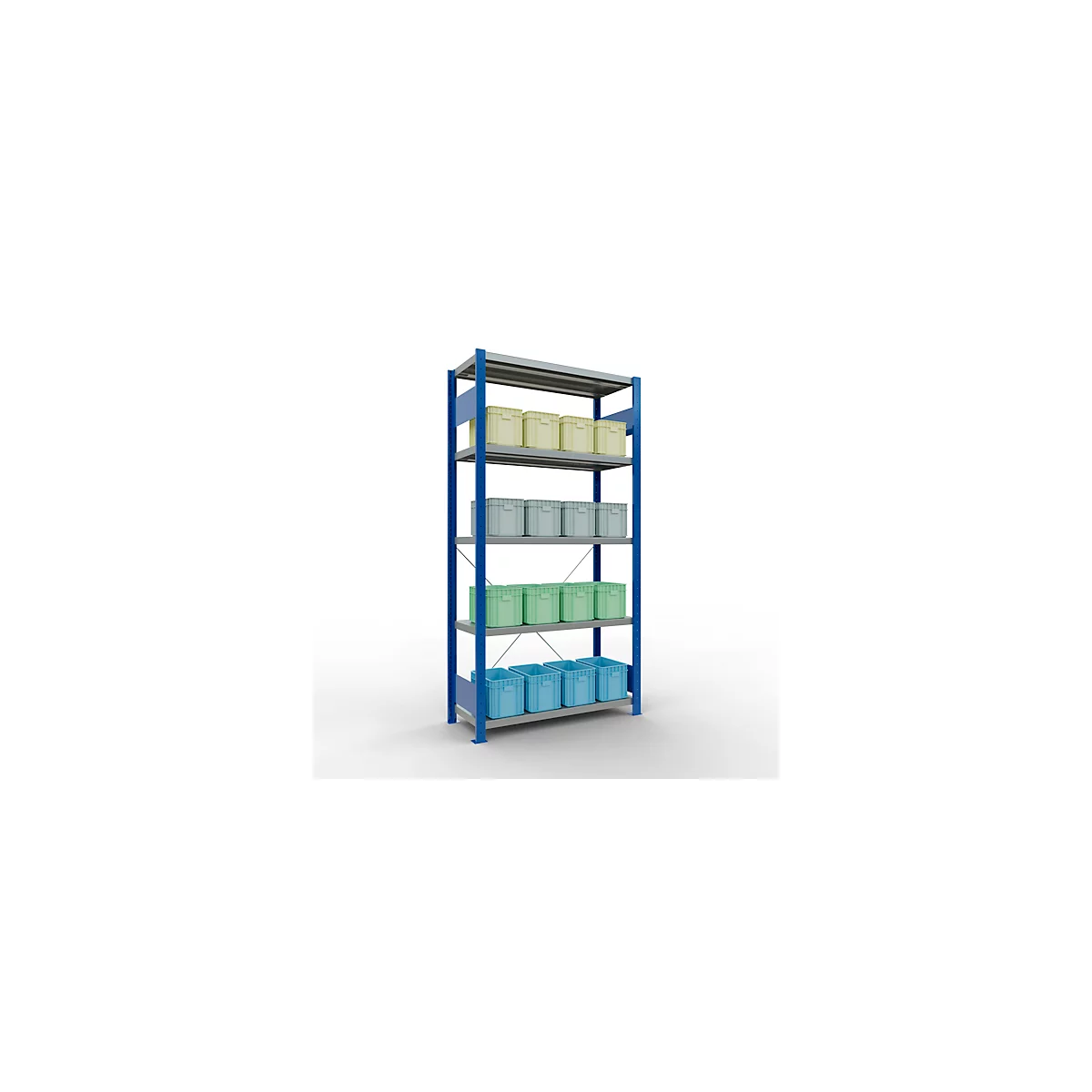 Schulte Lagertechnik Fachbodenregal Stecksystem MultiPlus250, Grundregal, 5 Fachböden, Kreuzstrebe, B 1000 x T 400 x H 2000 mm, Enzianblau RAL 5010