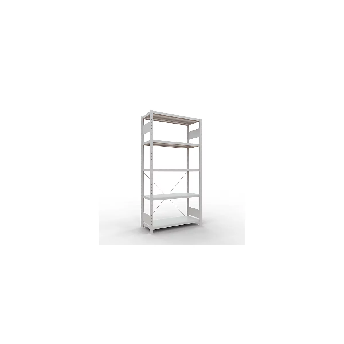 Schulte Lagertechnik Fachbodenregal Stecksystem MultiPlus250, Grundregal, 5 Fachböden, Kreuzstrebe, B 1000 x T 400 x H 2000 mm, Lichtgrau RAL 7035