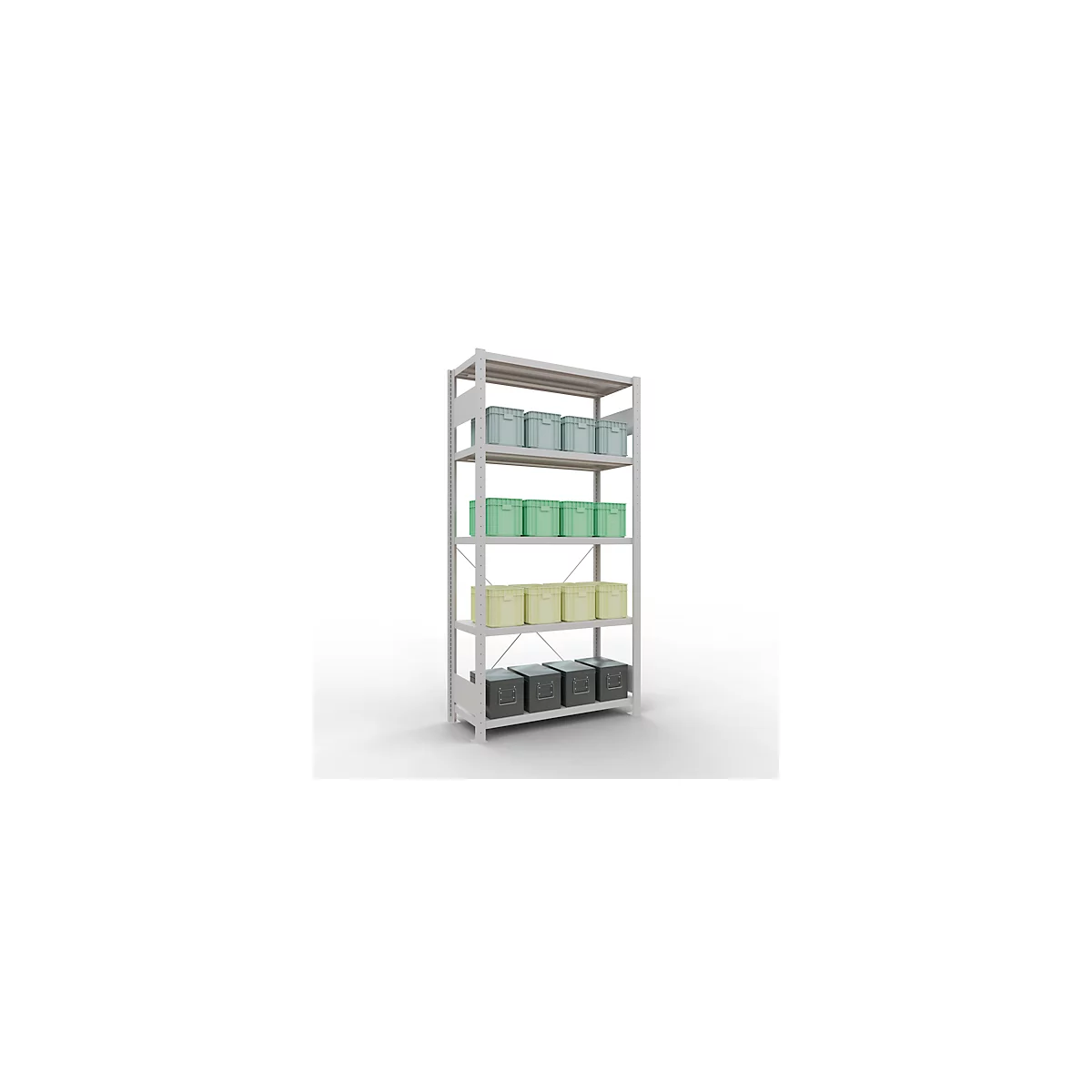 Schulte Lagertechnik Fachbodenregal Stecksystem MultiPlus250, Grundregal, 5 Fachböden, Kreuzstrebe, B 1000 x T 400 x H 2000 mm, Lichtgrau RAL 7035