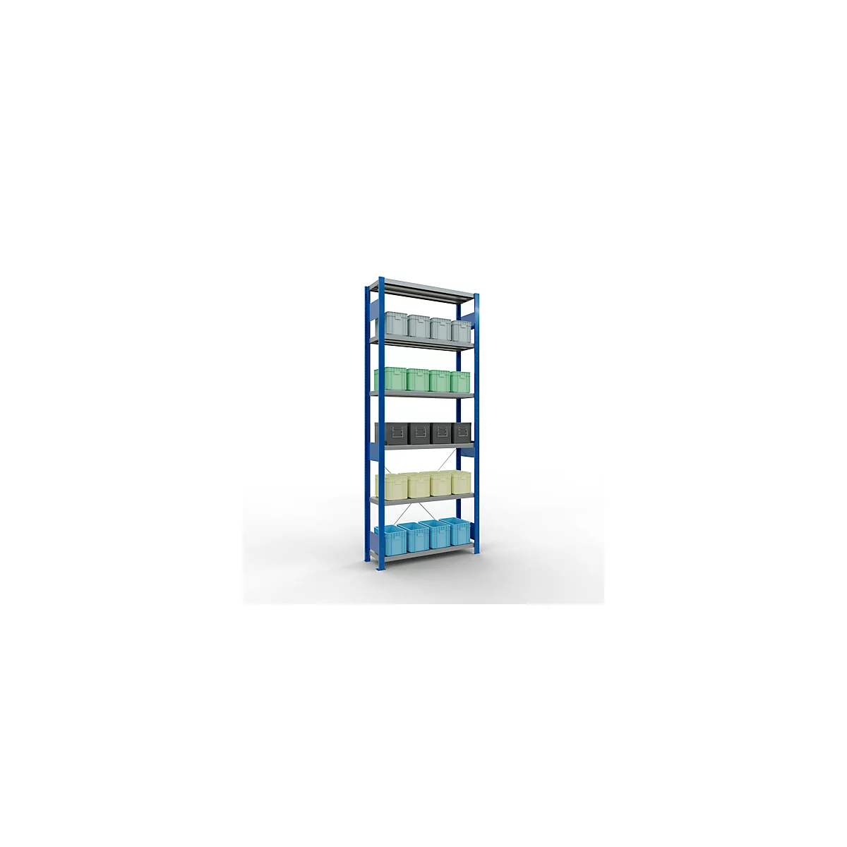 Schulte Lagertechnik Fachbodenregal Stecksystem MultiPlus250, Grundregal, 6 Fachböden, Kreuzstrebe, B 1000 x T 300 x H 2500 mm, Enzianblau RAL 5010