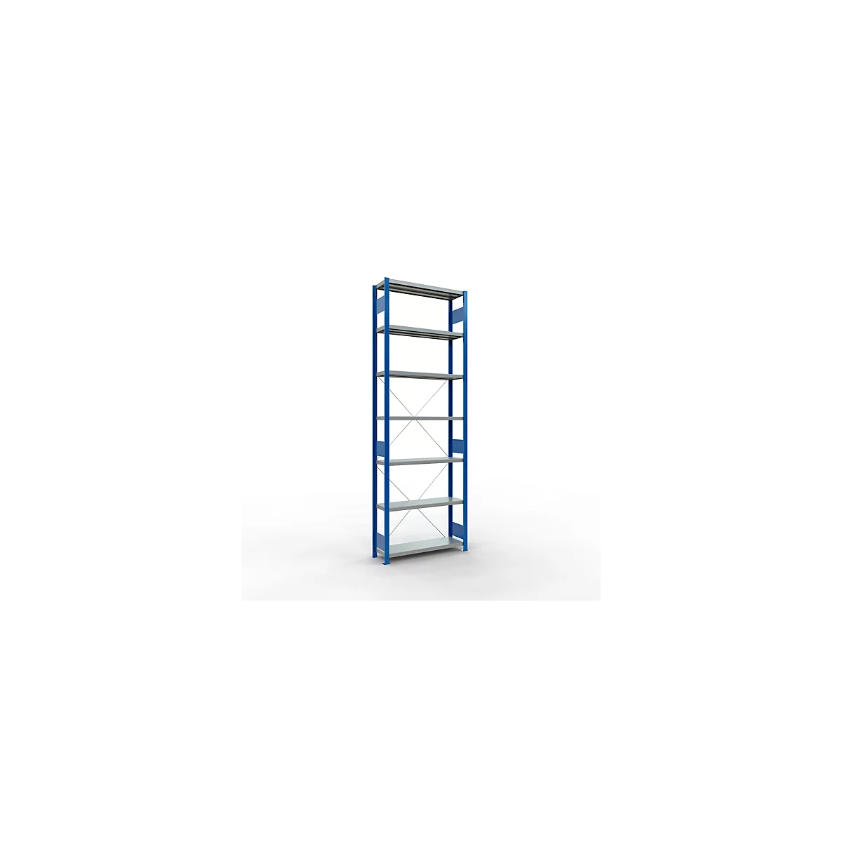 Schulte Lagertechnik Fachbodenregal Stecksystem MultiPlus250, Grundregal, 7 Fachböden, Kreuzstrebe, B 1000 x T 300 x H 3000 mm, Enzianblau RAL 5010