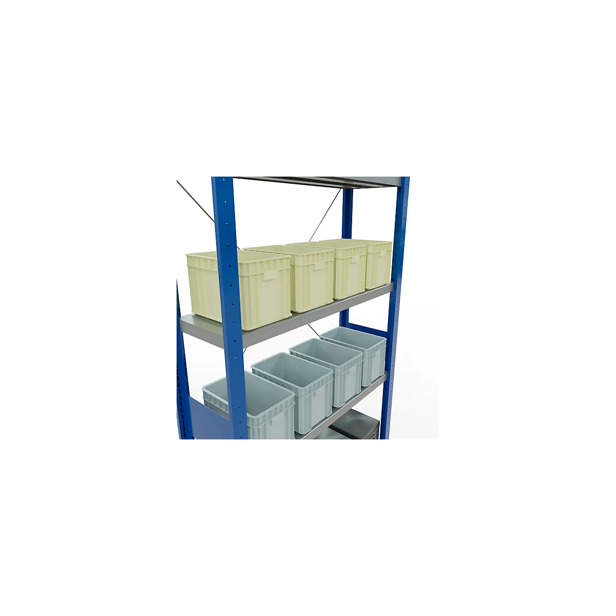 Schulte Lagertechnik Fachbodenregal Stecksystem MultiPlus250, Grundregal, 7 Fachböden, Kreuzstrebe, B 1000 x T 300 x H 3000 mm, Enzianblau RAL 5010
