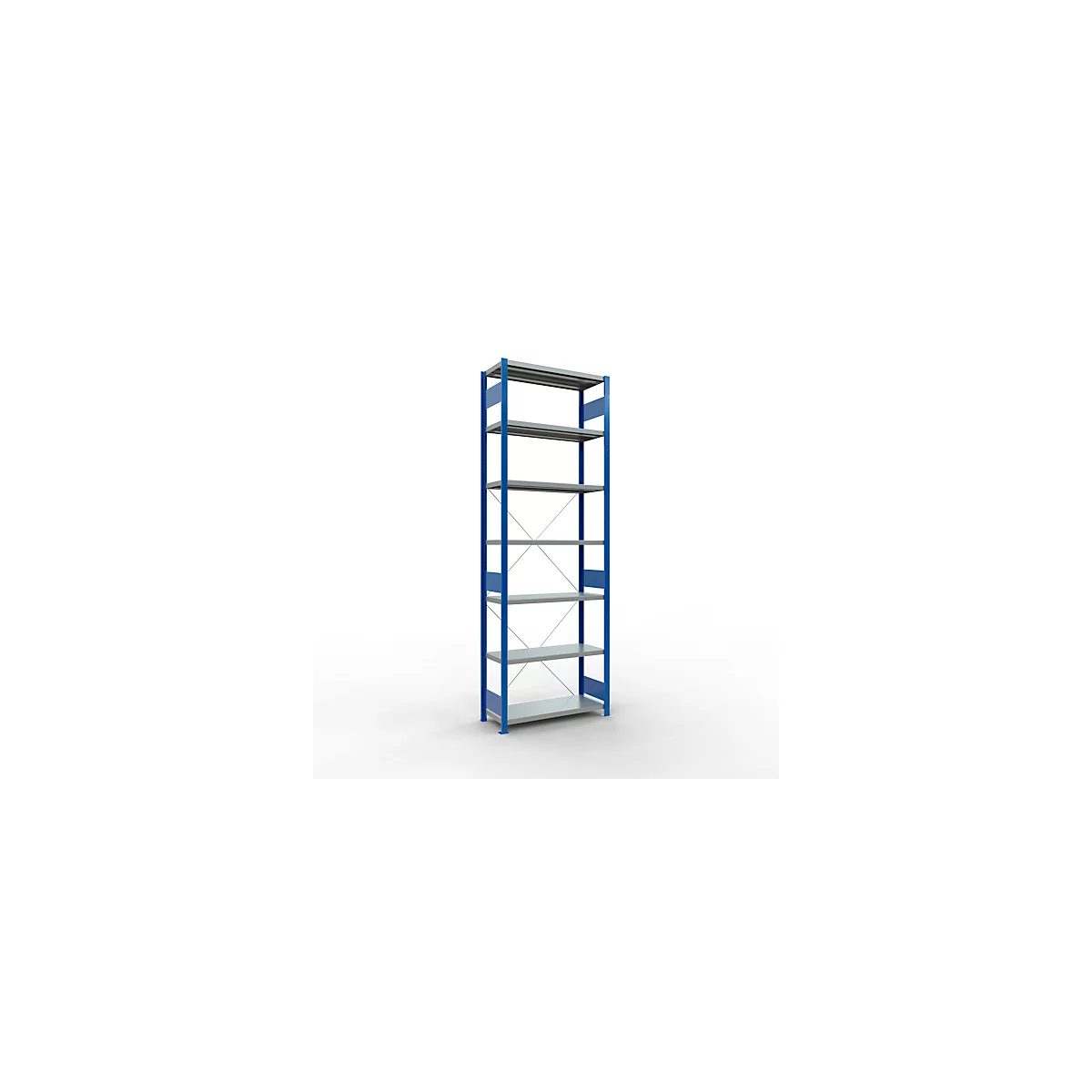 Schulte Lagertechnik Fachbodenregal Stecksystem MultiPlus250, Grundregal, 7 Fachböden, Kreuzstrebe, B 1000 x T 400 x H 3000 mm, Enzianblau RAL 5010