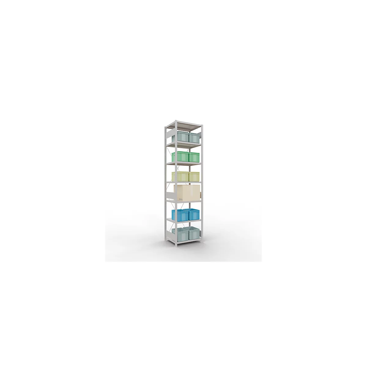 Schulte Lagertechnik Fachbodenregal Stecksystem MultiPlus250, Grundregal, 7 Fachböden, Kreuzstrebe, B 750 x T 600 x H 3000 mm, Lichtgrau RAL 7035