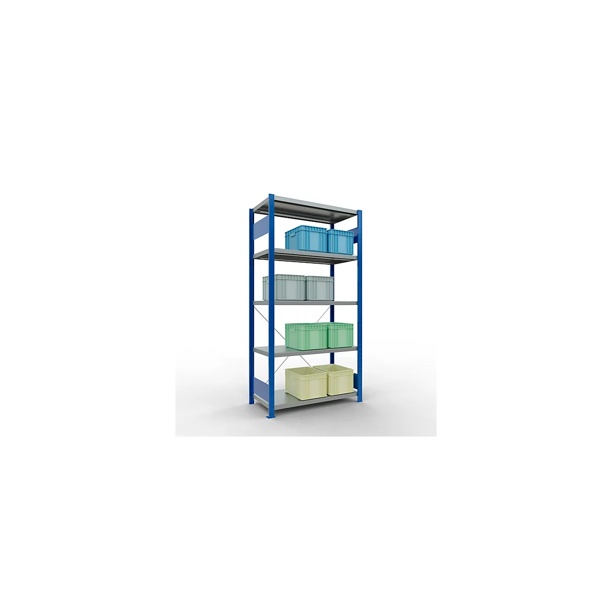Schulte Lagertechnik Fachbodenregal Steckystem MULTIplus250, Grundregal, B 1000 x T 500 x H 2000 mm, 5 Böden, Kreuzstrebe, bis 1300 kg, enzianblau