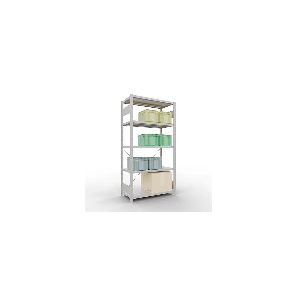 Schulte Lagertechnik Fachbodenregal Steckystem MULTIplus250, Grundregal, B 1000 x T 500 x H 2000 mm, 5 Böden, Kreuzstrebe, bis 1300 kg, lichtgrau