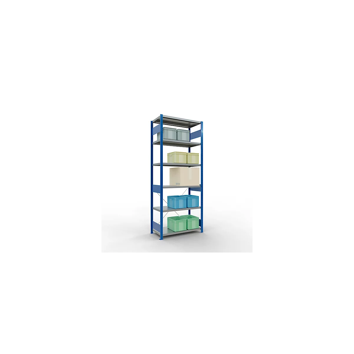 Schulte Lagertechnik Fachbodenregal Steckystem MULTIplus250, Grundregal, B 1000 x T 500 x H 2500 mm, 6 Böden, Kreuzstrebe, bis 1700 kg, enzianblau